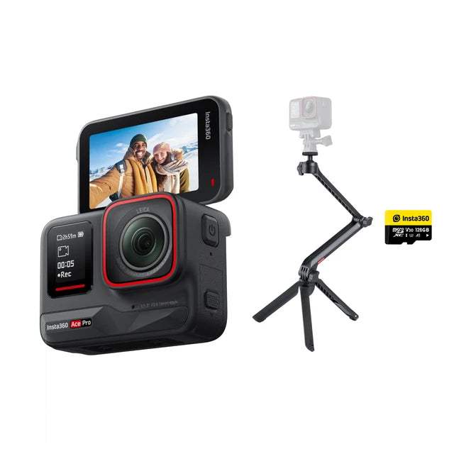 Insta360 Ace Pro - 8K/4K Leica Action Camera with flagship 1/1.3" sensor, super low light performance, waterproof design, and stabilization is shown.