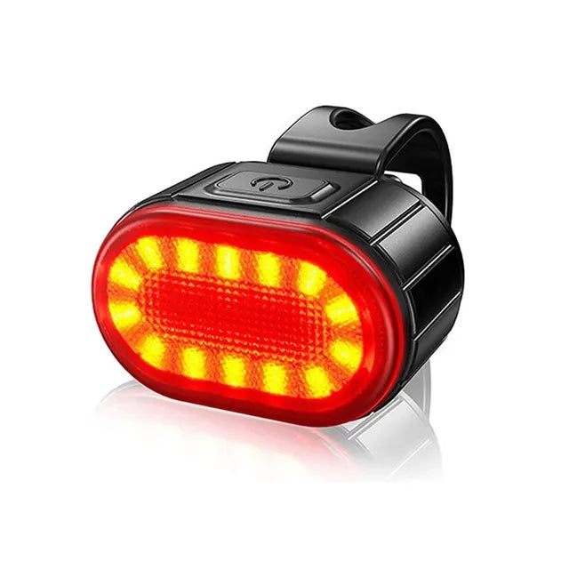 Two Cycling Taillight Headlight Bicycle Lights, one white and one red, displayed with charging cables and mounting straps.