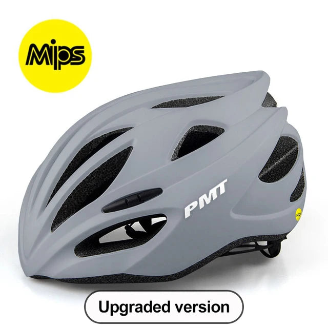 The Upgrade MIPS Bike Helmet features PC+EPS material, a gray finish, multi-directional impact protection, ventilation slots, and an aerodynamic design for enhanced safety and performance. Suitable for MTB or road cycling in the 54-61cm size range.