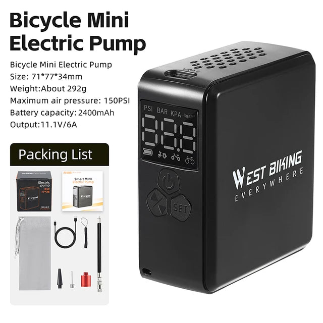 A WEST BIKING Bike Pump Portable Mini Electric Air Pump displayed with its lcd screen showing 150 psi, compatible with various valve types and Type-C charging.