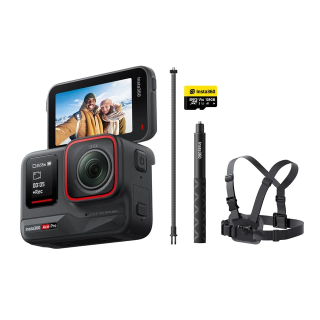 Insta360 Ace Pro - 8K/4K Leica Action Camera with dual screens, selfie stick, chest strap, and microSD card; features flagship 1/1.3" sensor, superb lowlight performance, waterproof and stabilization.