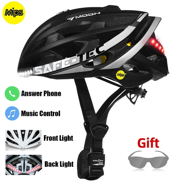 Cycling Helmet Mips Anti-collision Safety Bicycle Helmet Smart Music Bluetooth Bike Helmets Callable Cycling Cap with Led Light with rear red light and front vent, displayed with bonus sunglasses and icons for Bluetooth, call, and music features.