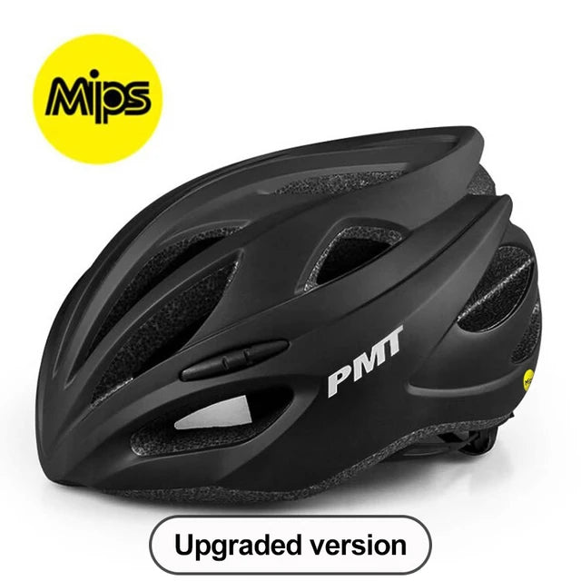 Black Upgrade MIPS Bike Helmet, with multi-directional impact protection and aerodynamic design, side view. Text reads "Upgraded version.