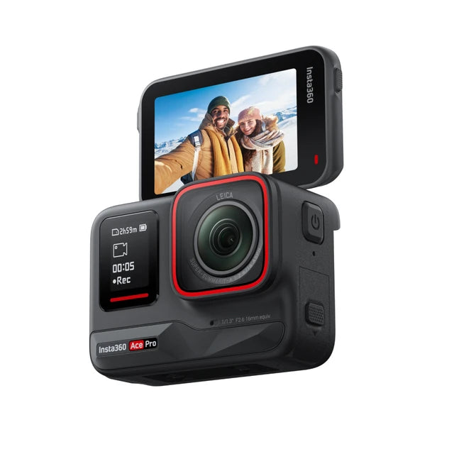 An Insta360 Ace Pro camera, featuring a flipped touchscreen, captures a couple taking an outdoor selfie.