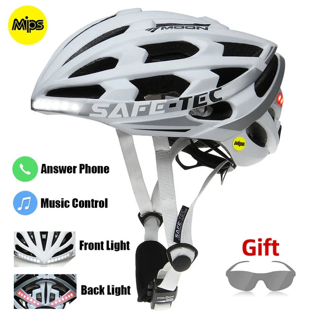 The Cycling Helmet Mips Anti-collision Safety Bicycle Helmet features Bluetooth connectivity, enabling phone answering and music control. It boasts front/back LED lights for road and mountain biking, plus MIPS technology for enhanced safety. Get a complimentary pair of sunglasses with your purchase.