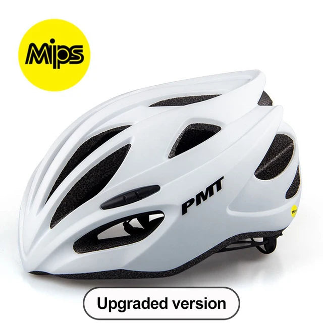 The white "Upgrade MIPS Bike Helmet" features black vents, a lightweight aerodynamic design, "PMT" labeling, and the "Upgraded version" text. It ensures optimal performance and safety with its MIPS multi-directional impact protection.