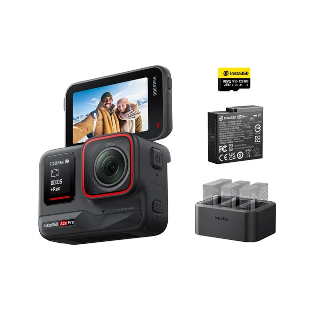 Insta360 Ace Pro camera with Leica optics, flip-up screen, battery, dock, and memory card. Display shows a couple posing in a selfie.