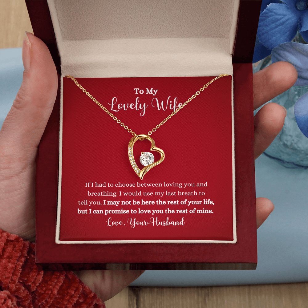 A woman holding a Love You The Rest of Mine Forever Love Necklace - Gift for Wife from Husband in a box, manufactured by ShineOn Fulfillment.