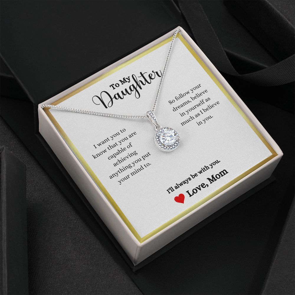 A ShineOn Fulfillment gift box with the "I Will Always Be With You Eternal Hope Necklace- Gift for Daughter from Mom" that reads, "i love you daughter".