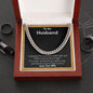 A ShineOn Fulfillment gift box with a Filled With Love And Light Cuban Link Necklace - For Husband from Wife and a ring on it.