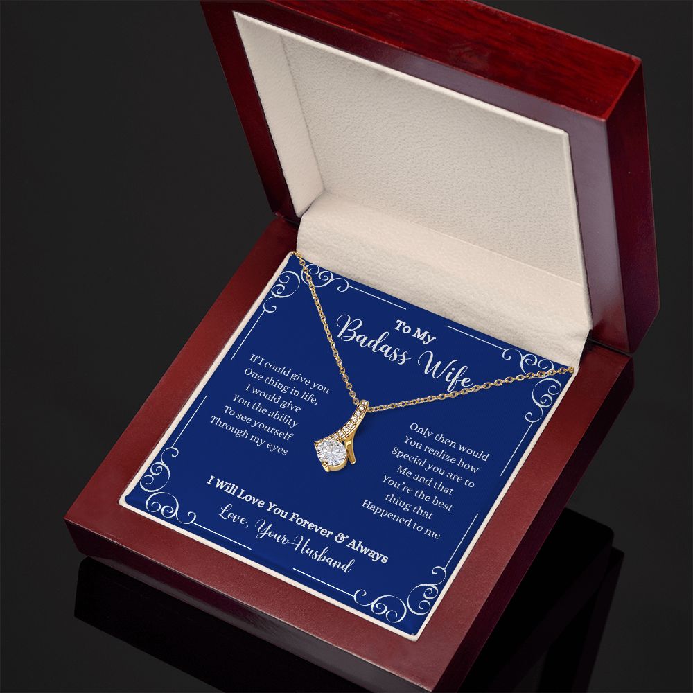 A blue box with the I Will Love You Forever & Always Alluring Beauty Necklace - Gift for Wife from Husband by ShineOn Fulfillment in it.