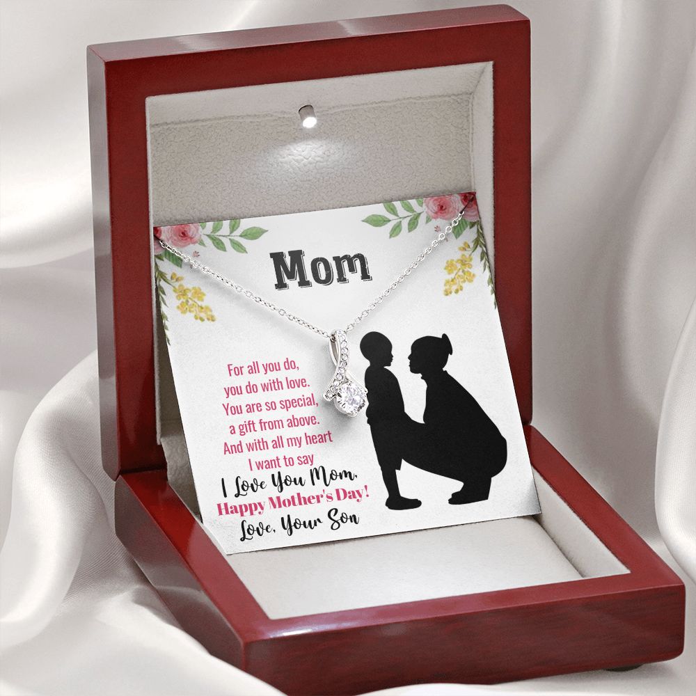 A gift box with the To My Mom From Son - Happy Mother's Day - Alluring Beauty Necklace by ShineOn Fulfillment in it.