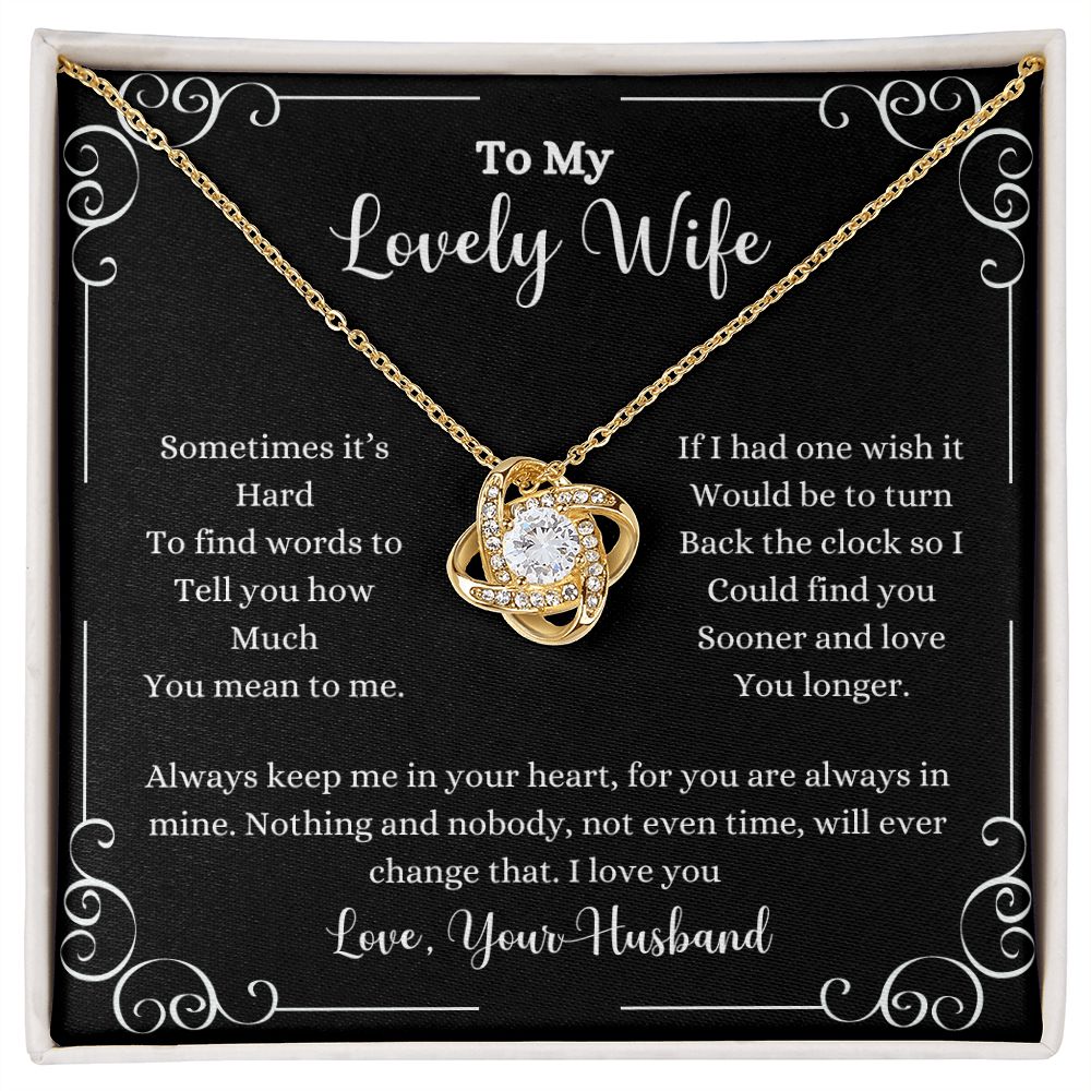A ShineOn Fulfillment gift box with the I Love You Love Knot Necklace - Gift for Wife from Husband that says to my lovely wife.