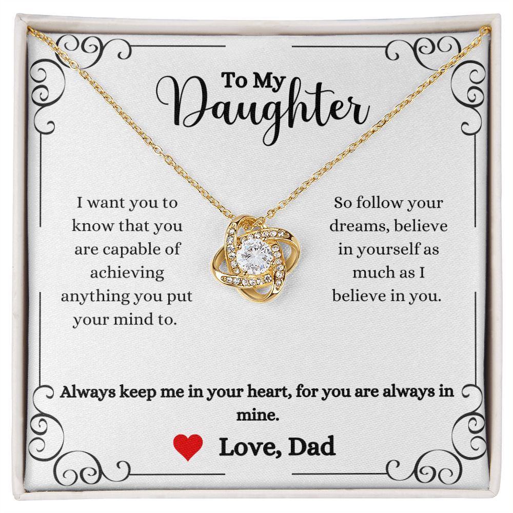 A ShineOn Fulfillment gift box with an Always Keep Me In Your Heart Love Knot Necklace- Gift for Daughter from Dad.