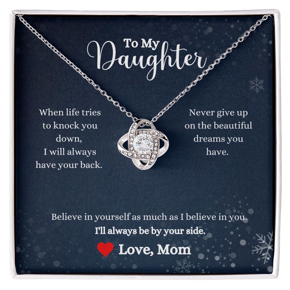 A ShineOn Fulfillment gift box with the I Will Always By Your Side Love Knot Necklace - Gift for Daughter from Mom.