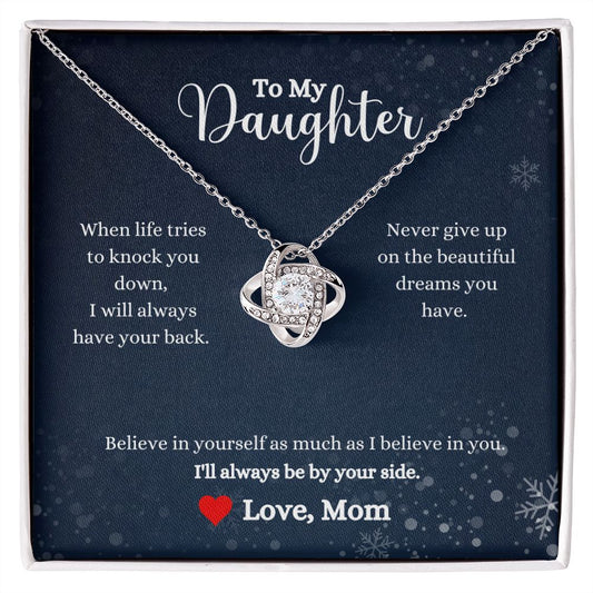 A ShineOn Fulfillment gift box with the I Will Always By Your Side Love Knot Necklace - Gift for Daughter from Mom.