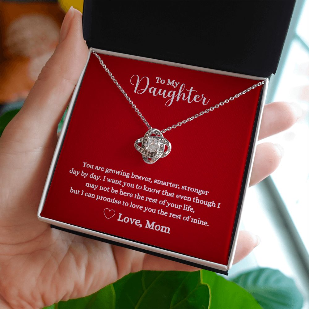 A ShineOn Fulfillment gift box with an I can promise to love you for the rest of mine Love Knot Necklace - for Daughter from Mom.
