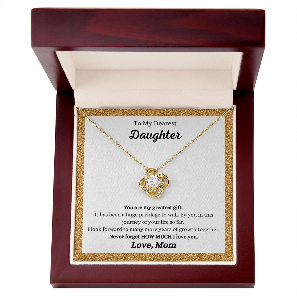 A ShineOn Fulfillment gift box with a You Are My Greatest Gift Love Knot Necklace - Gift for Daughter from Mom that reads, i love you daughter.