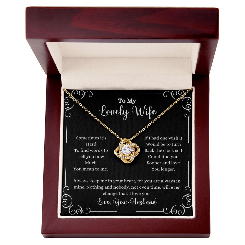 A "I Love You Love Knot Necklace - Gift for Wife from Husband" necklace with a poem in a wooden box by ShineOn Fulfillment.
