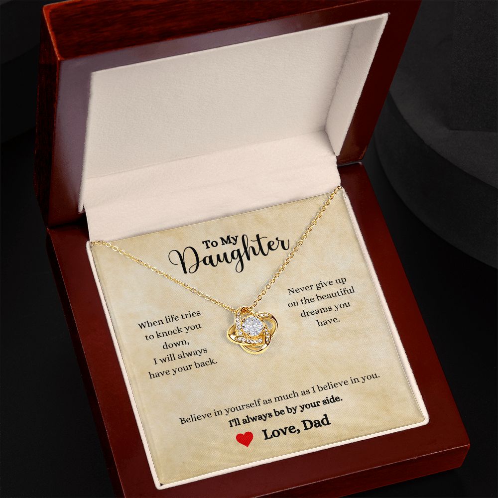 A ShineOn Fulfillment gift box with the "I'll Always Be By Your Side Love Knot Necklace" - Gift for Daughter from Dad.