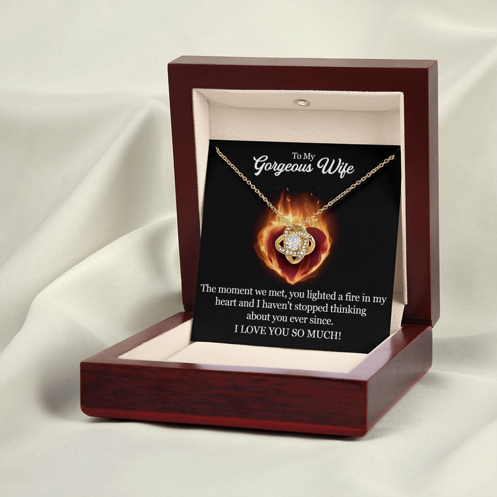 A wooden box with The Moment We Met Love Knot Necklace - To Wife from Husband by ShineOn Fulfillment, with a heart and a message on it.