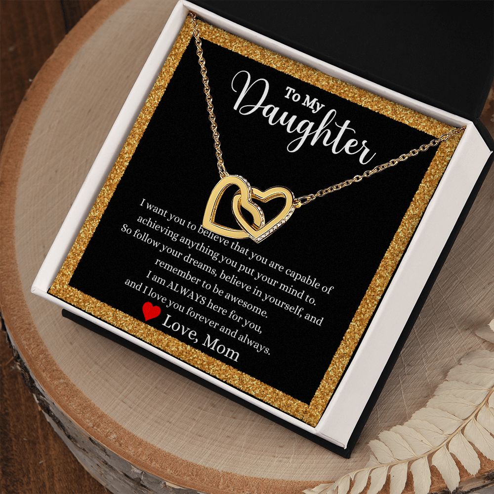 A gift box with the I Love You Forever And Always Interlocking Hearts necklace - Gift for Daughter from Mom by ShineOn Fulfillment and a gift card.