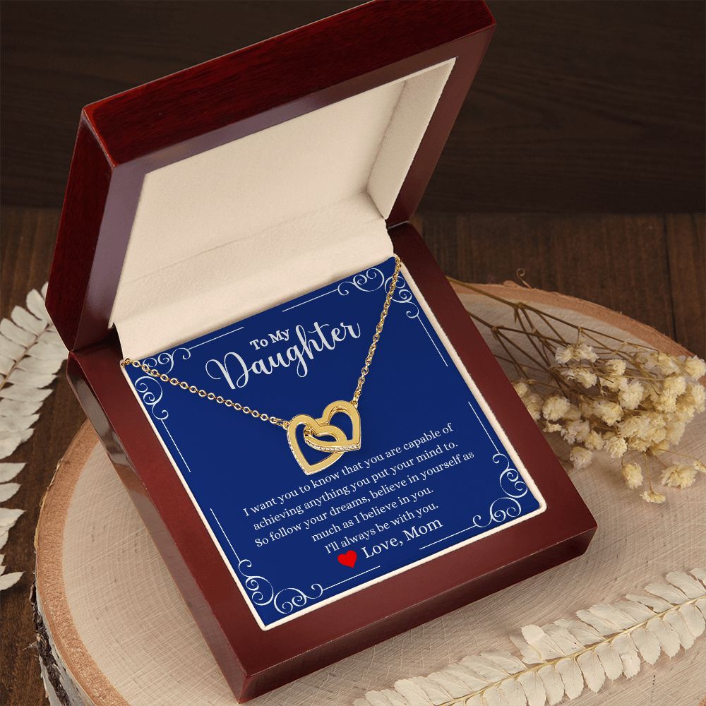 A ShineOn Fulfillment gift box with an "I Will Always Be With You Interlocking Hearts Necklace- Gift for Daughter from Mom" and a poem on it.