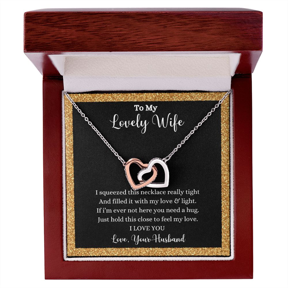A ShineOn Fulfillment gift box with a "I Love You Interlocking Hearts Necklace - Gift for Wife from Husband" that says to my lovely wife.