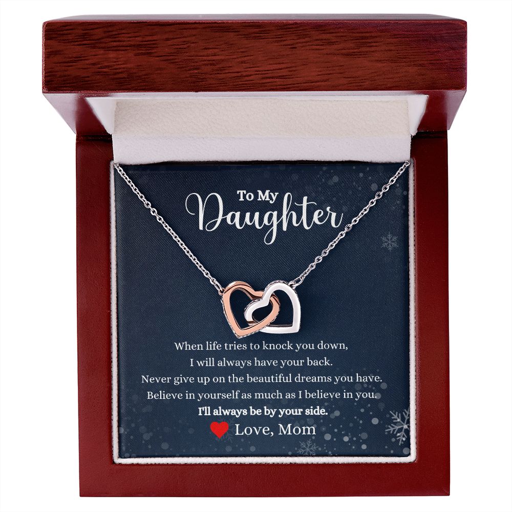 A ShineOn Fulfillment gift box with an I Will Always By Your Side Interlocking Hearts necklace that says "I love you daughter.