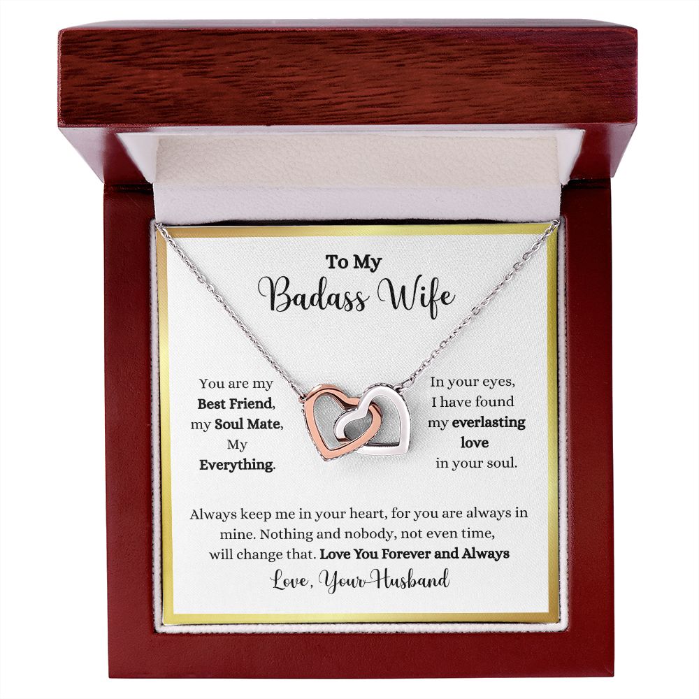 A ShineOn Fulfillment gift box with an Always Keep Me In Your Heart Interlocking Hearts necklace and a heart in it.