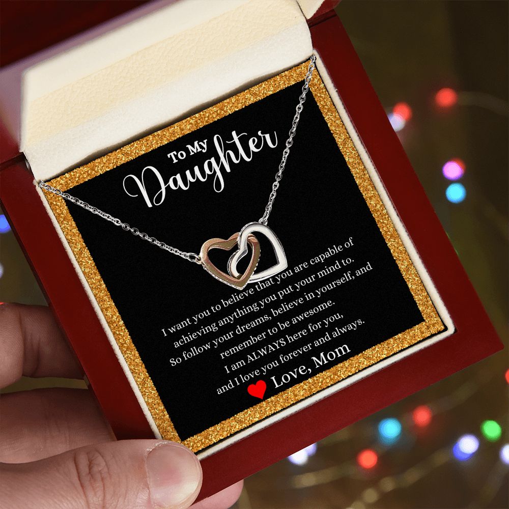 A ShineOn Fulfillment gift box with an I Love You Forever And Always Interlocking Hearts necklace - Gift for Daughter from Mom and a poem.