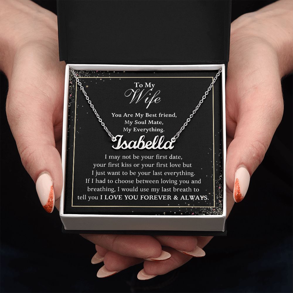 A woman holding a gift box with the ShineOn Fulfillment You Are My Best Friend Custom Name Necklace - For Wife From Husband.