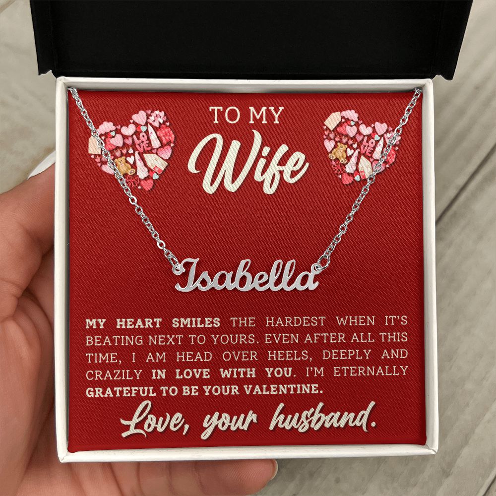 A box with a My Heart Smiles Personalized Name Necklace - For Wife, made by ShineOn Fulfillment, that says to my wife.