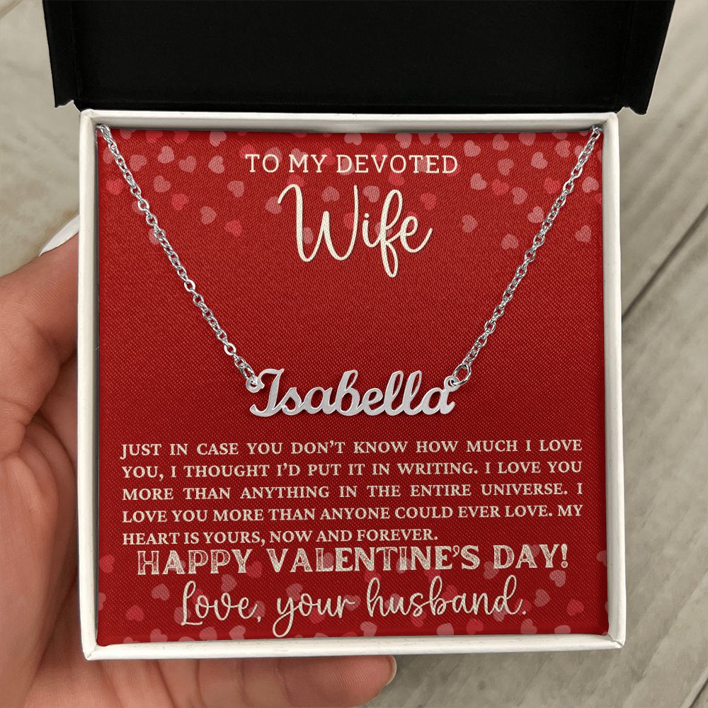 A Valentine's Day gift box with a Just In Case Personalized Name Necklace - For Wife from ShineOn Fulfillment.