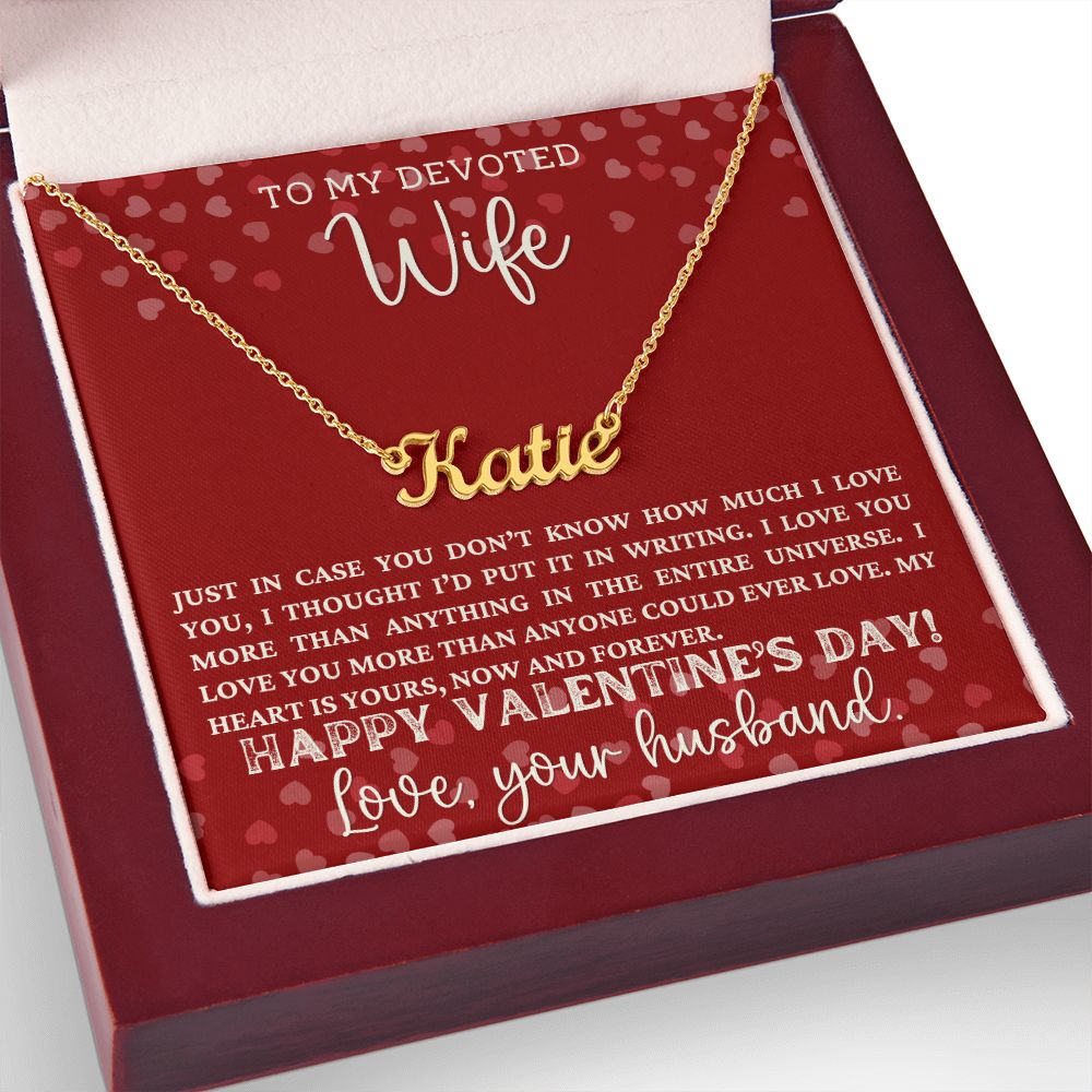 A Just In Case Personalized Name Necklace - For Wife in a red box from ShineOn Fulfillment.
