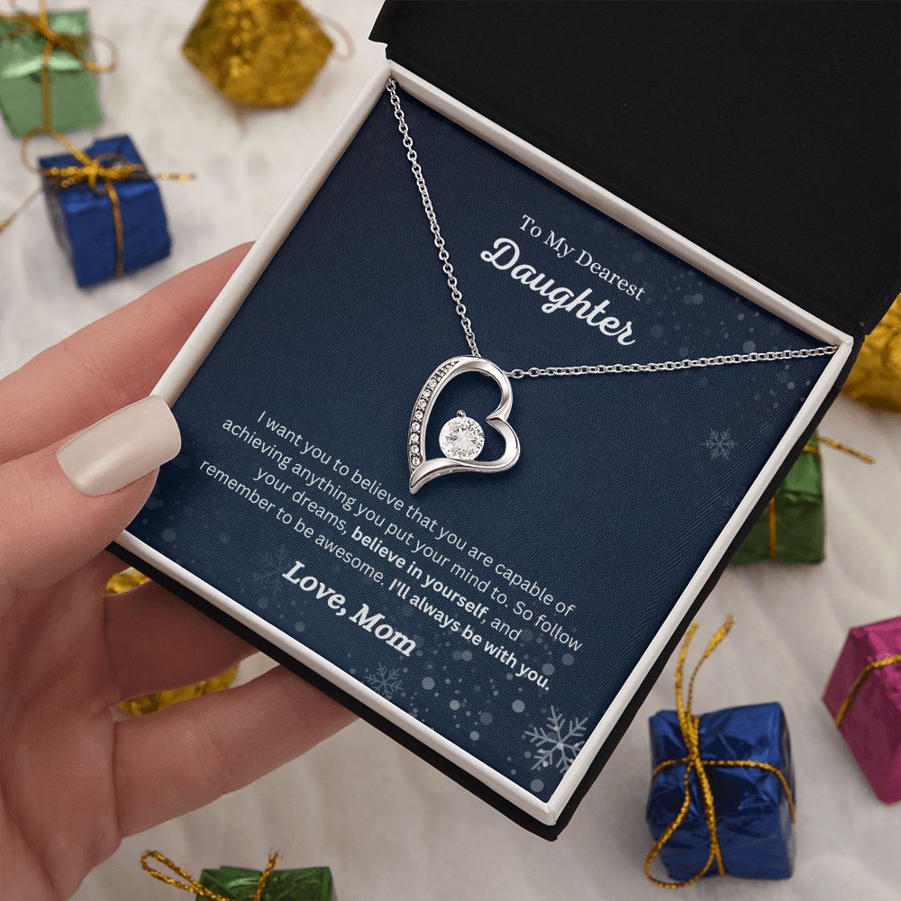 A gift box with the "Believe in Yourself Forever Love Necklace - Gift for Daughter from Mom" by ShineOn Fulfillment in it.