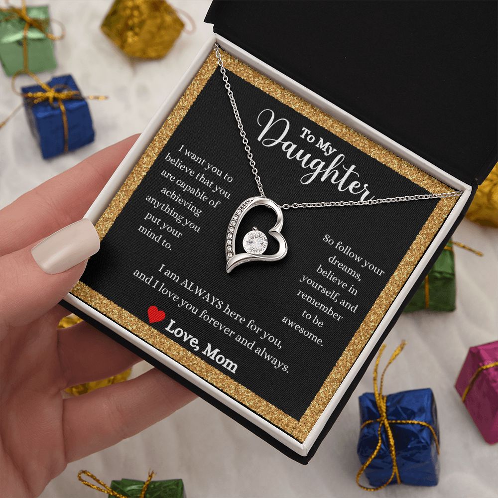 A ShineOn Fulfillment gift box with the I Love You Forever And Always Forever Love Necklace - For Daughter From Mom in it.