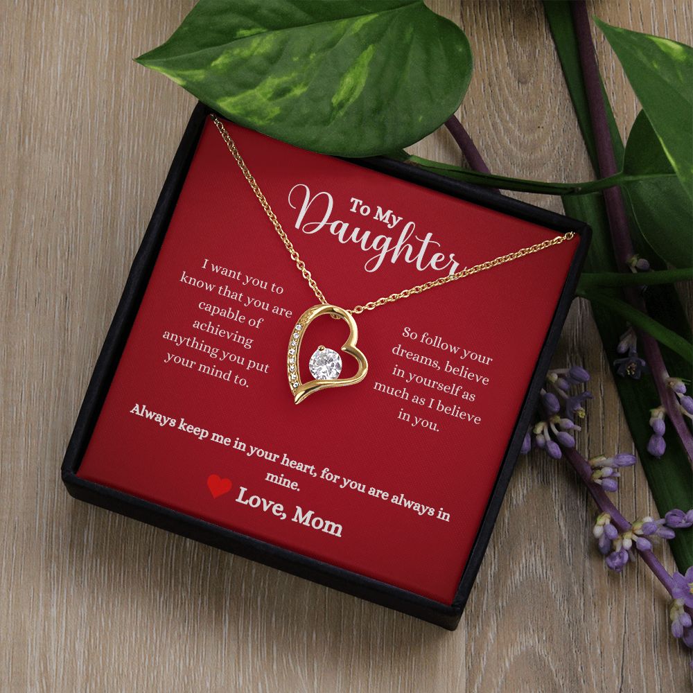 A ShineOn Fulfillment gift box with an Always Keep Me In Your Heart Forever Love Necklace - Gift for Daughter from Mom and flowers.