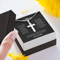 A person holding an Always & Forever Artisan Cross Necklace – For Husband in a ShineOn Fulfillment gift box.
