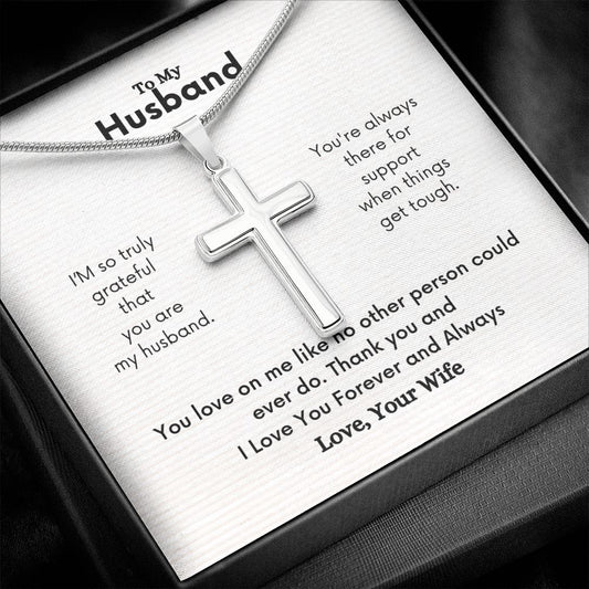 A I'M So Truly Grateful Artisan Cross Necklace – For Husband by ShineOn Fulfillment with a message on it.