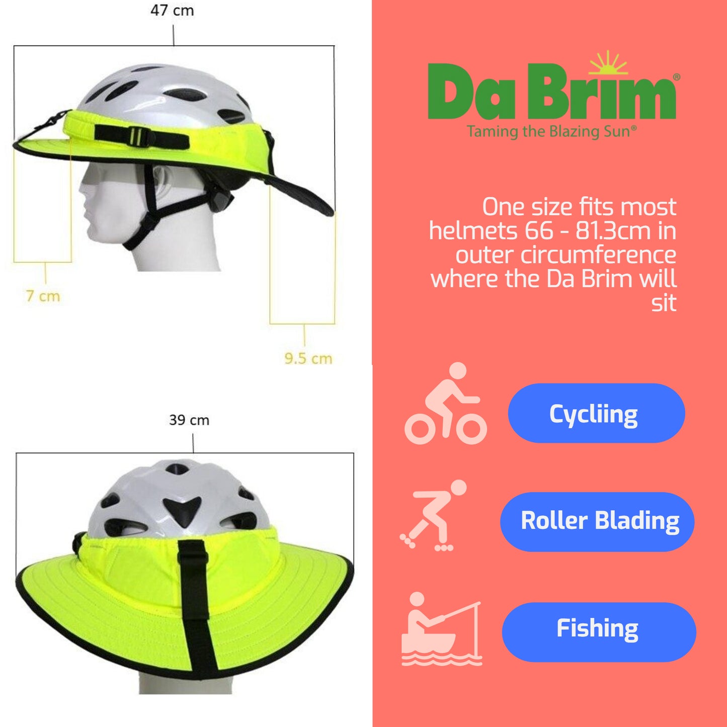 Show the dimension of Sporty Cycling Da Brim and the activities when you can use it.