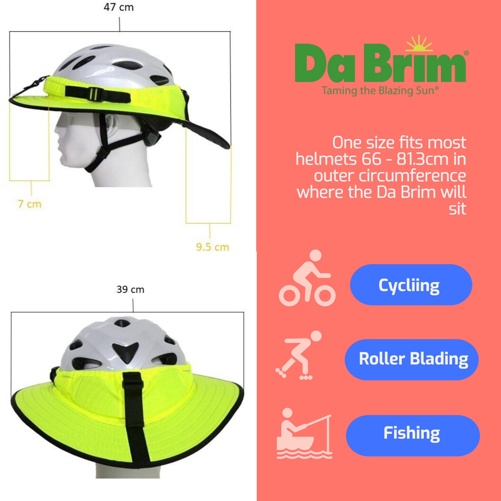 Show the dimension of Sporty Cycling Da Brim and the activities when you can use it.