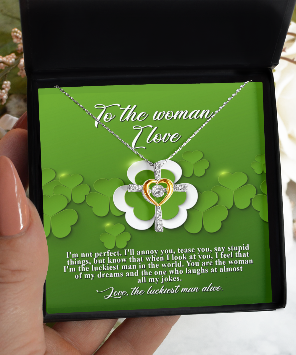 A Gearbubble To My Soulmate, Luckiest Man - Cross dancing necklace with a shamrock on it.