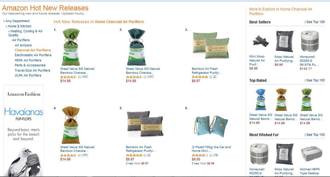 Screenshot of Amazon page showing Pistachio Green Natural Bamboo Charcoal Deodorizing Bag As Number 1 Hot New Release on Amazon.com