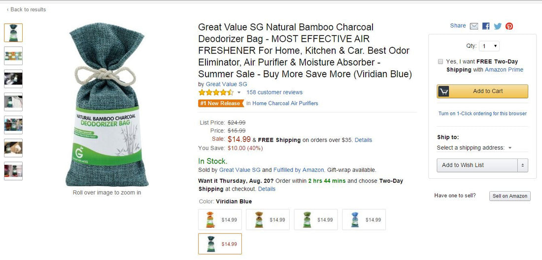 Viridian Blue Natural Bamboo Charcoal Deodorizing Bag Got No. 1 Hot New Release Badge On Amazon.com at Golden Value SG