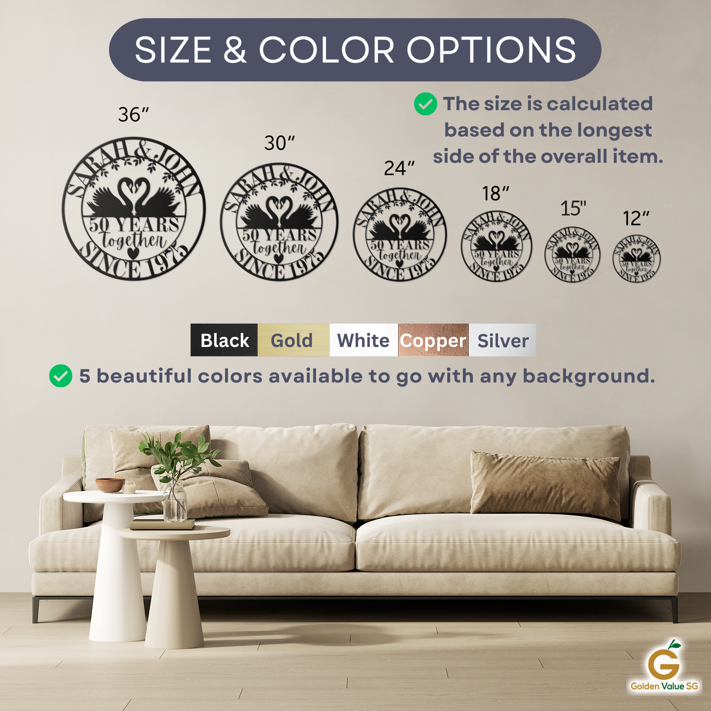 A beige sofa with cushions and a side table sits beneath a wall featuring Personalized 50th Anniversary Metal Wall Art—six round sizes (36", 30", 24", 18", 15", 12") and five color options: black, gold, white, copper, and silver.