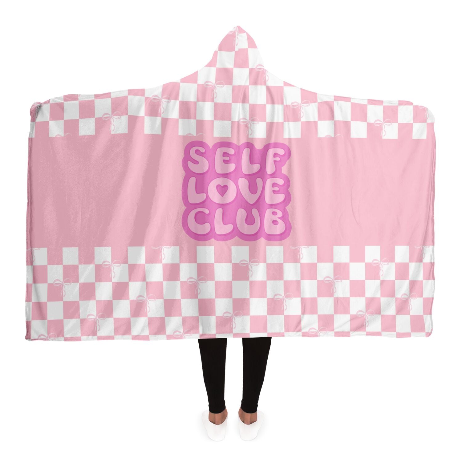 Stay cozy and fashionable with our luxurious Subliminator Coquette Blanket Hoodie with Checkered Bow Pattern, perfect for members of the self love club. Made with a silky smooth micro-mink polyester face and an inside choice, this hooded