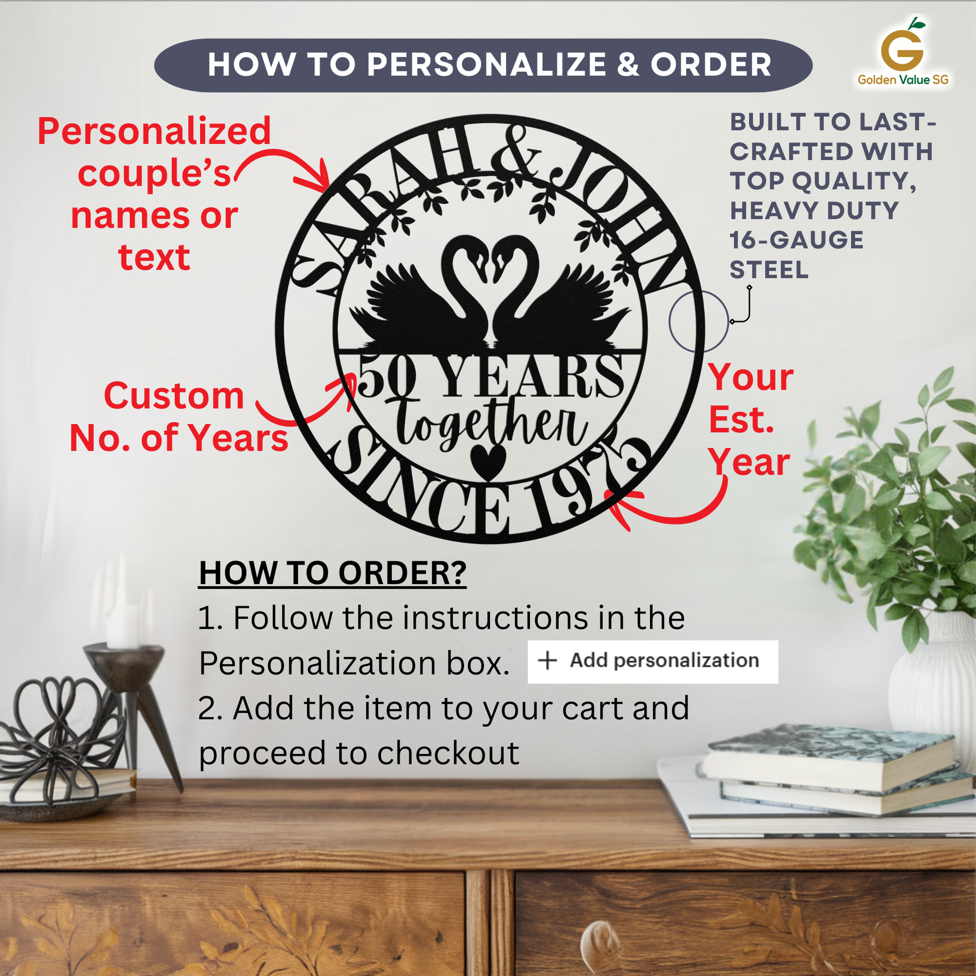 Personalized 50th Anniversary Metal Wall Art features “50 Years Together Since 1973” with two doves, custom couples’ names, and year. Personalization and ordering instructions shown beside a plant on a table.