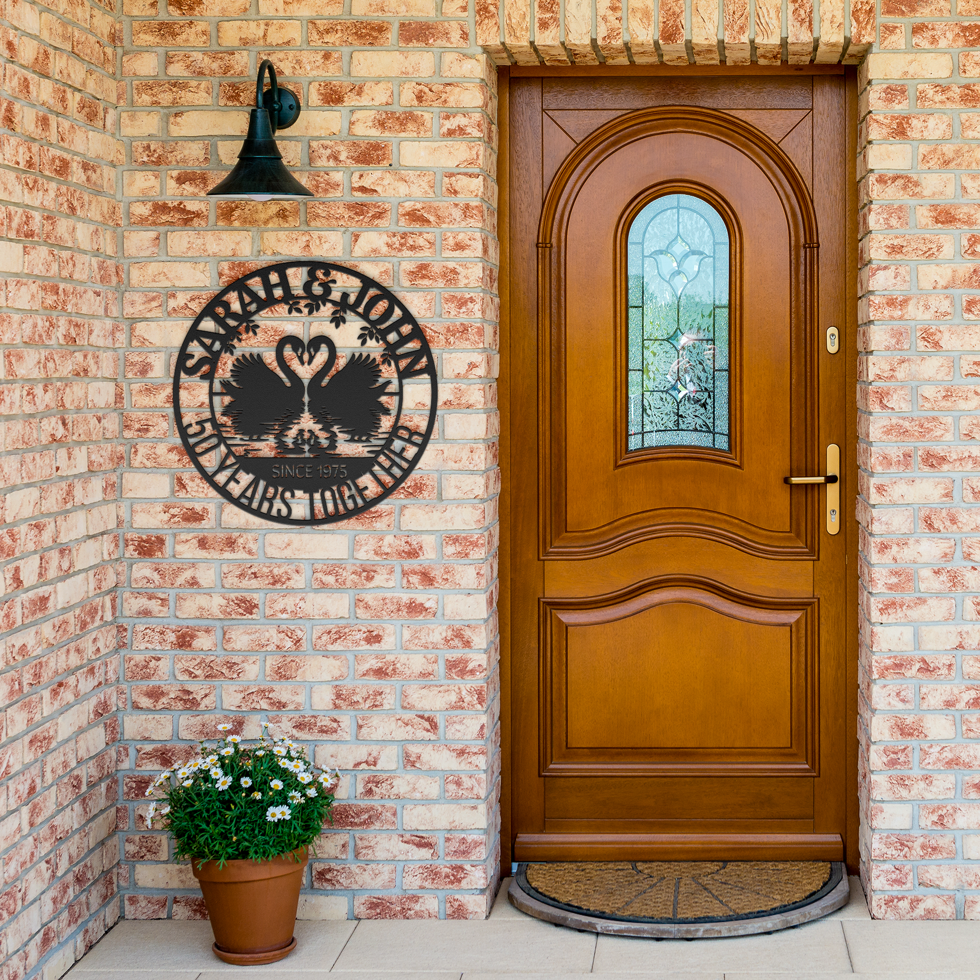 50th_Wedding_Anniversary_Swans_Metal_Wal_Black_Brick_Entrance_Mockup.png