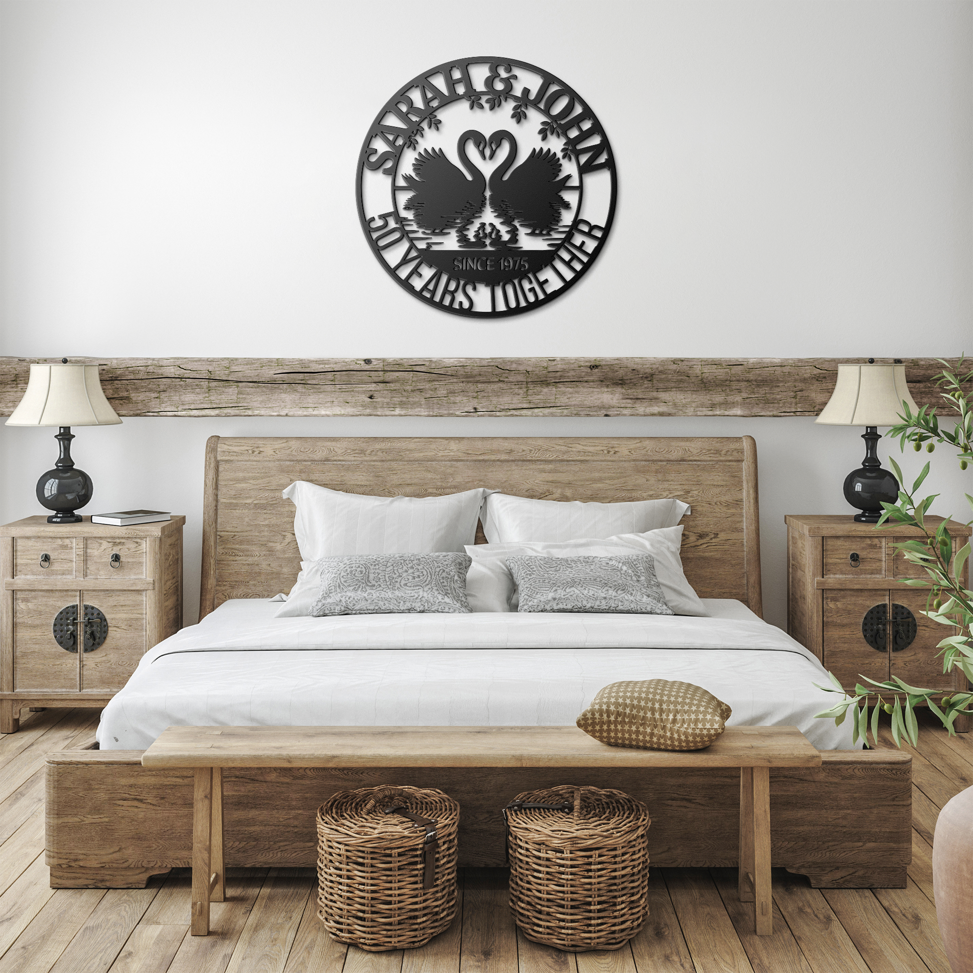 50th_Wedding_Anniversary_Swans_Metal_Wal_Black_Farmhouse_Bedroom_Mockup.png